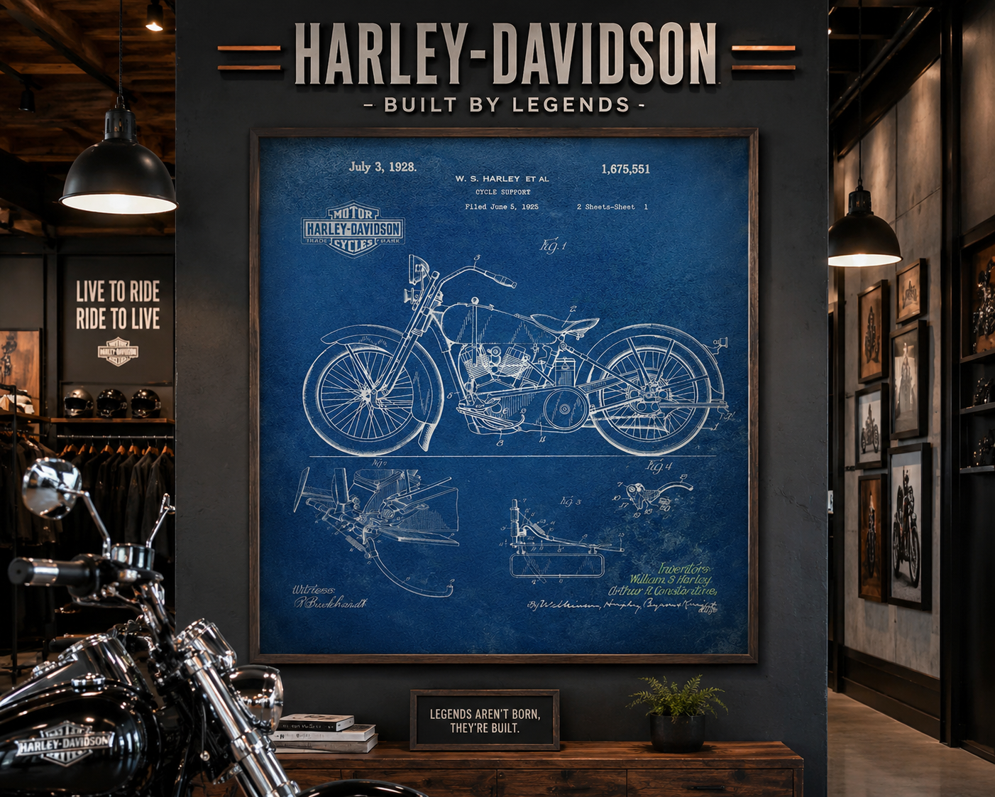 Blueprint motorcycle patent art installed in a premium dealership
