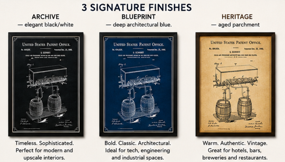 The same brewing patent in Archive, Blueprint, and Heritage finishes