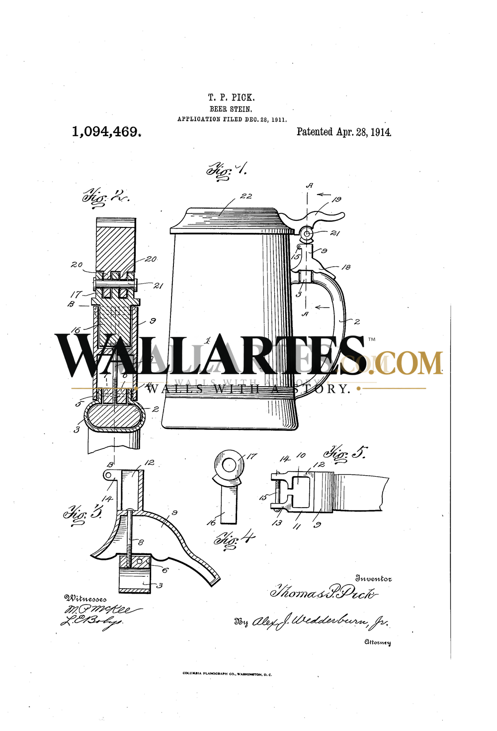 Us Patent Print Beer Stein 1914 Wall Art — WALLARTES watermarked preview