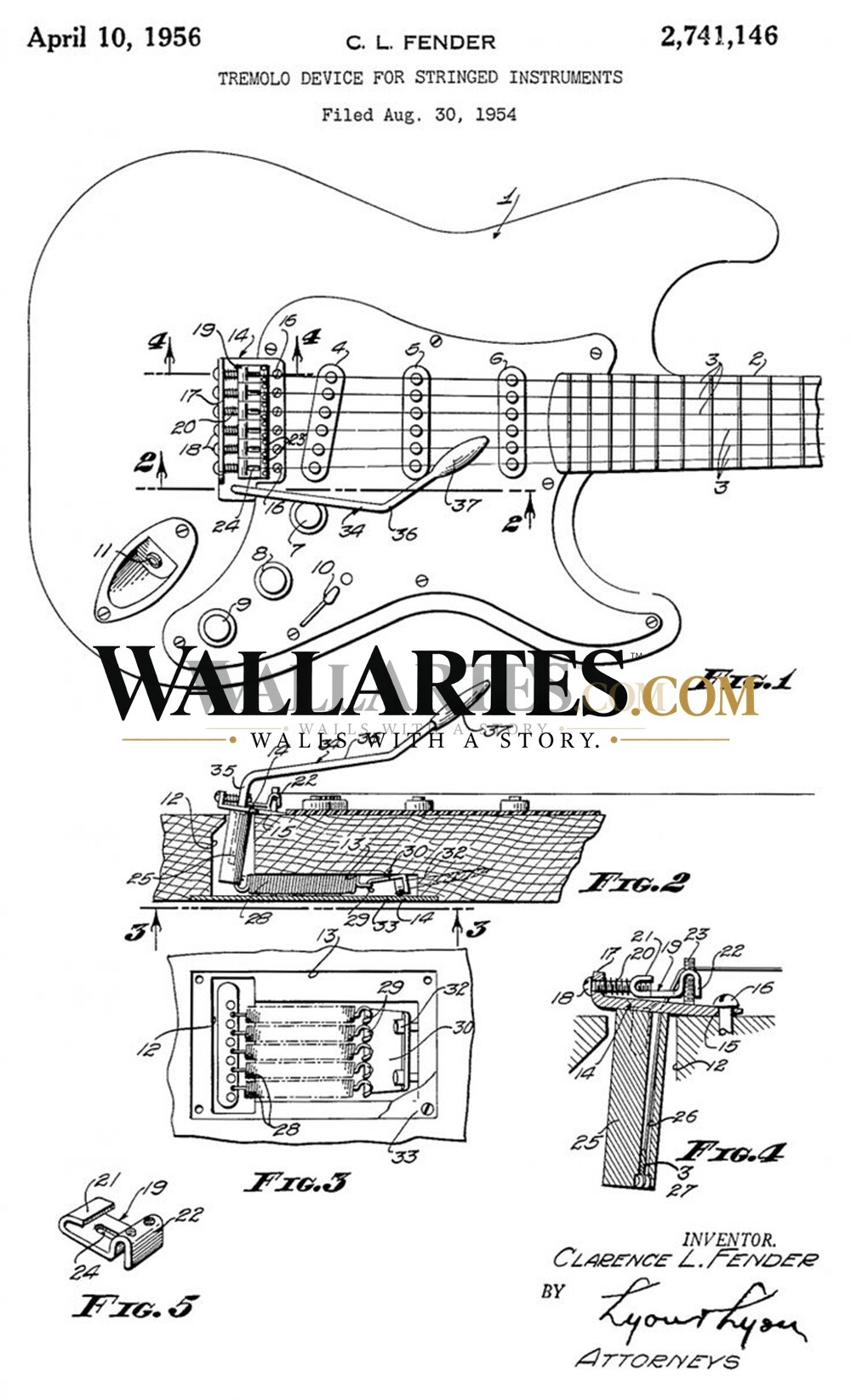 Us Patent Print Fender Guitar 1956 Wall Art — WALLARTES watermarked preview
