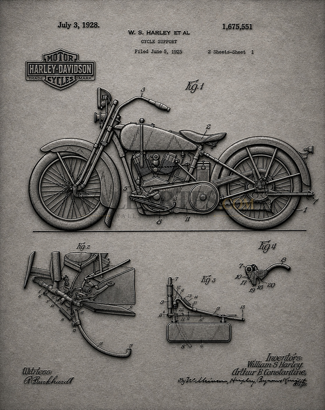 Harley-Davidson 1925 3D Patent Wall Art in Grey / Black